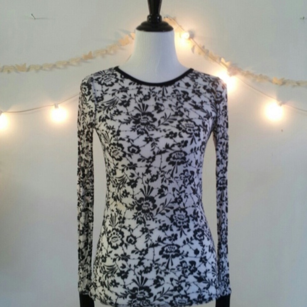 Black & white sheer floral long sleeve top