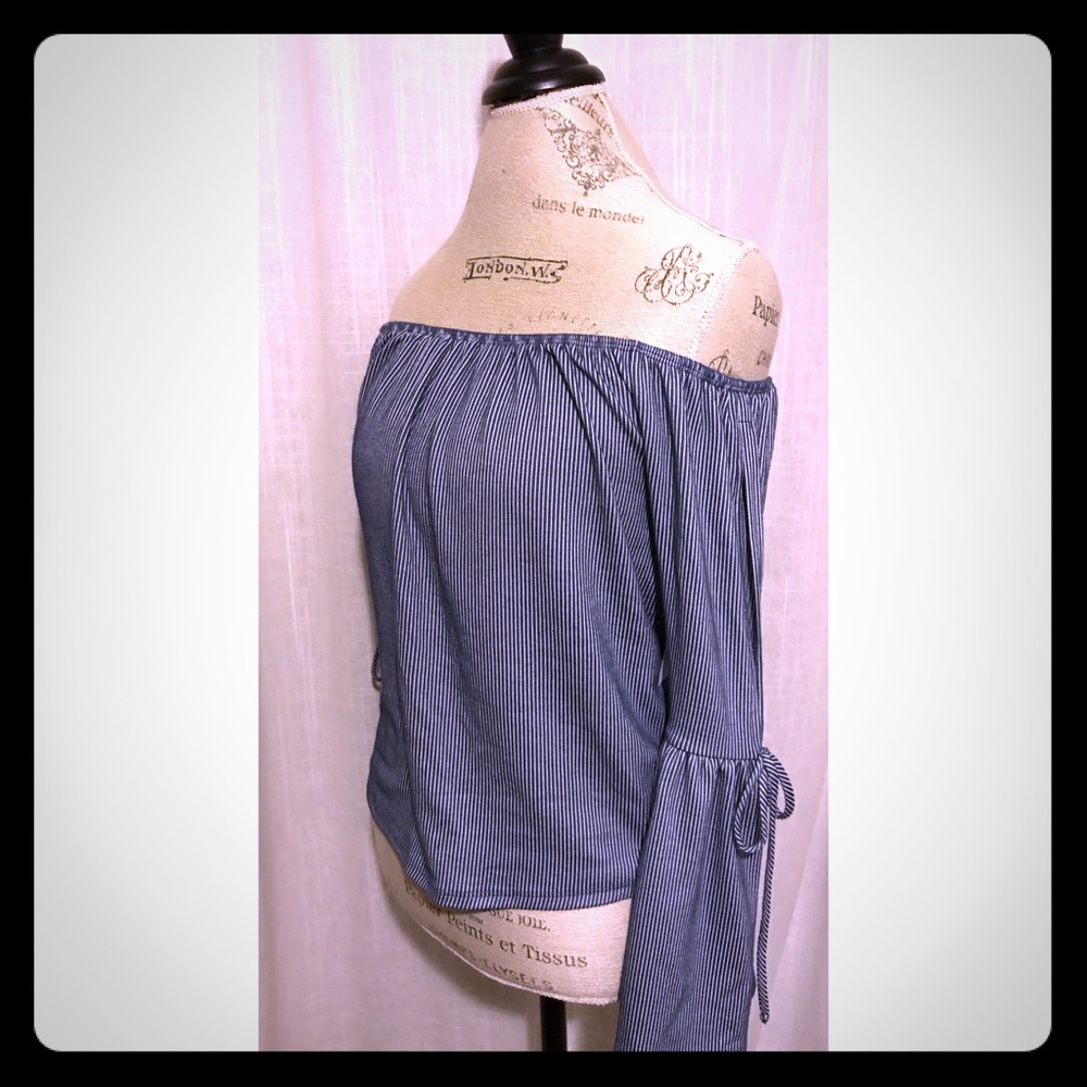 Off The Shoulder Pin Stripe Bell Sleeve Top