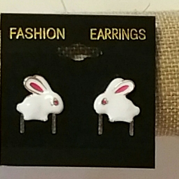 White Bunny Rabbit Stud Earrings - Picture 2 of 3