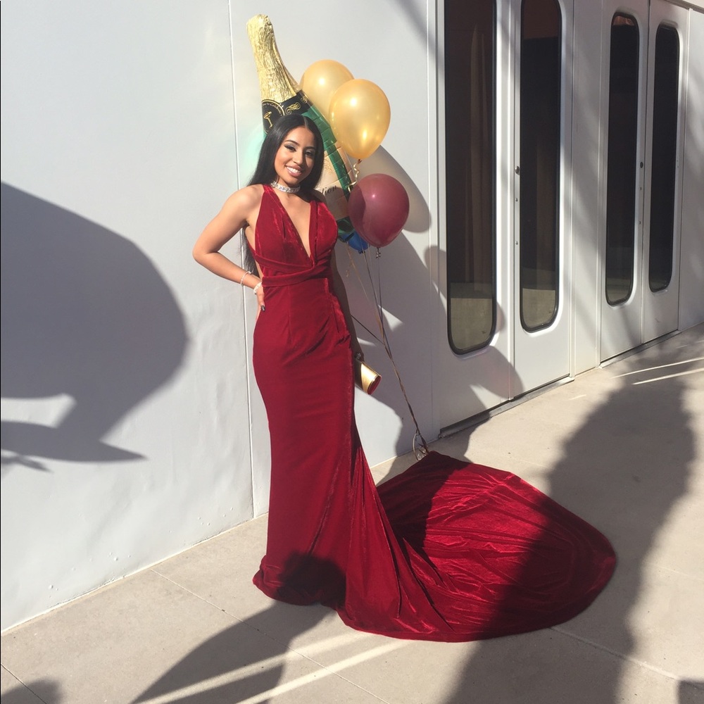 Custom made long train prom dress red VELVET