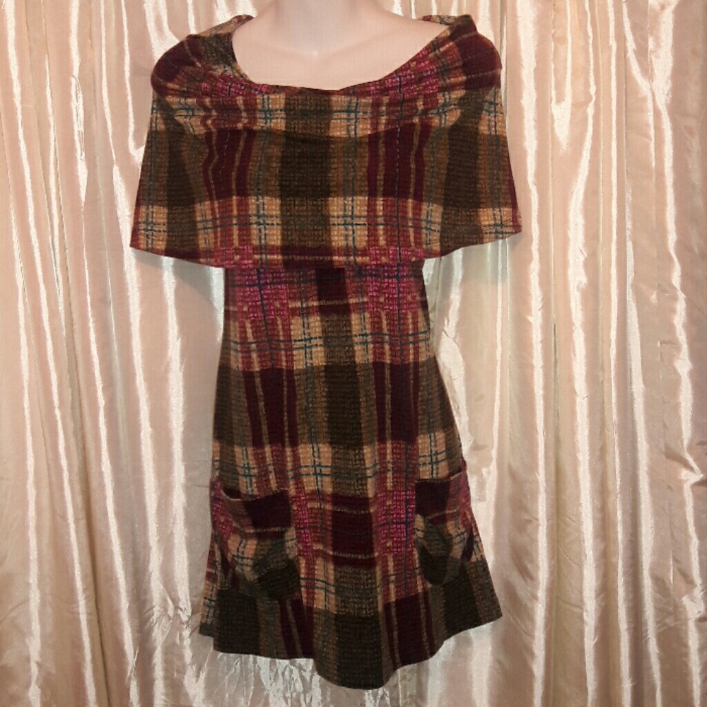 Plaid tunic boho mini dress Long Top Cape dress