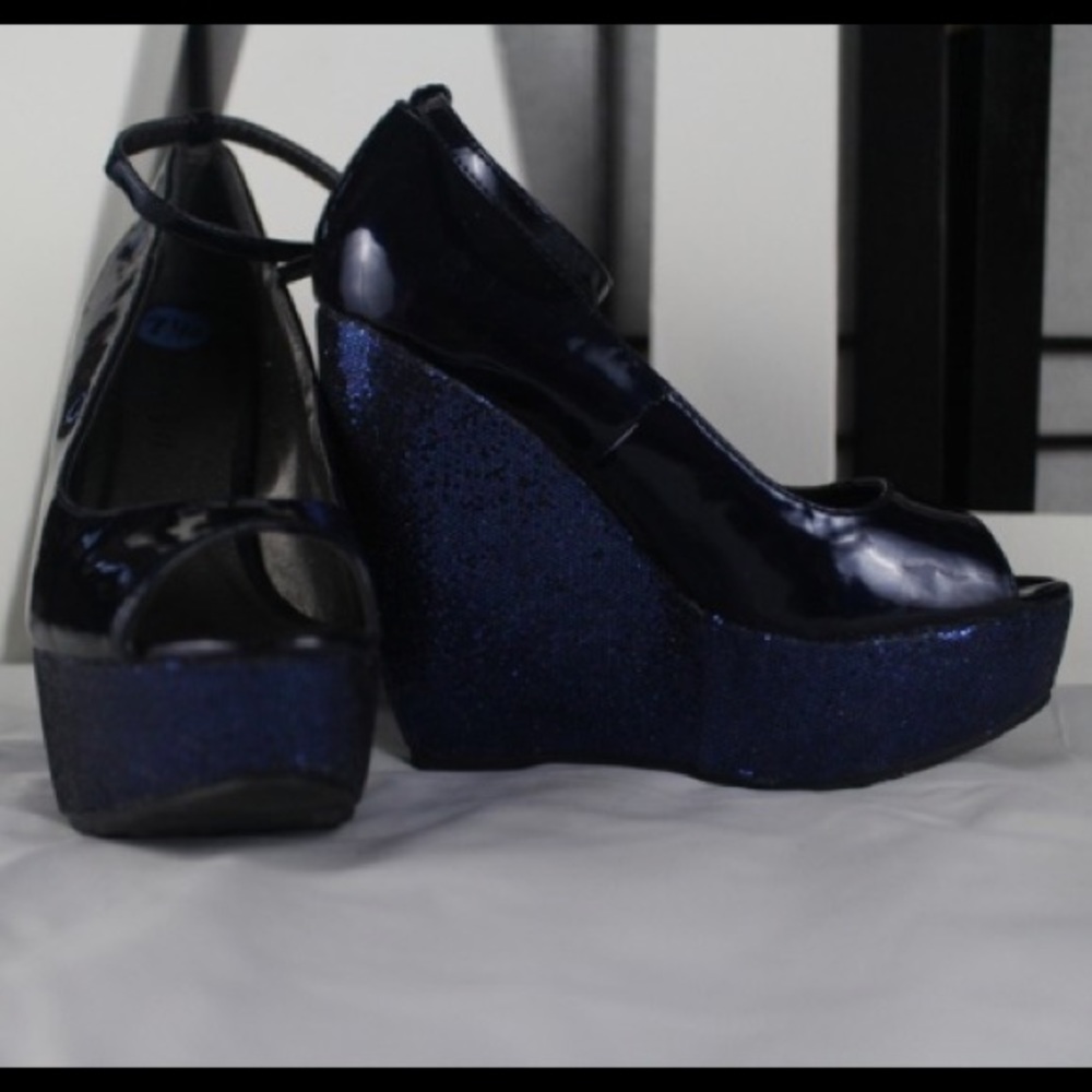 Gorgeous Navy Blue Glitter Wedge Ankle  Open Heels