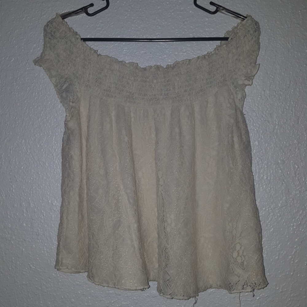 Off-the-shoulder white lace crop top