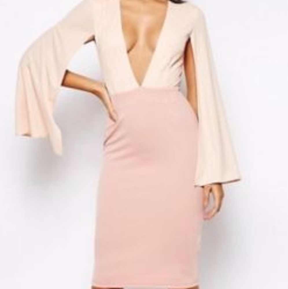 Pink Plunge Cape Sleeve Contrast Midi Dress