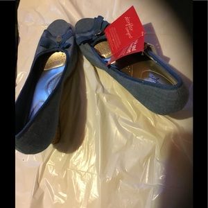 Denim peep toe wedge