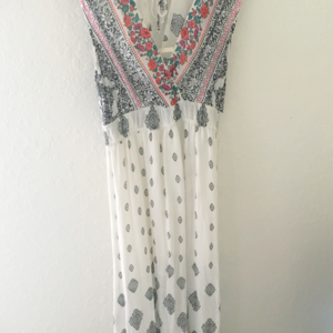 White/Black Sundress with Orange/Red Floral Design