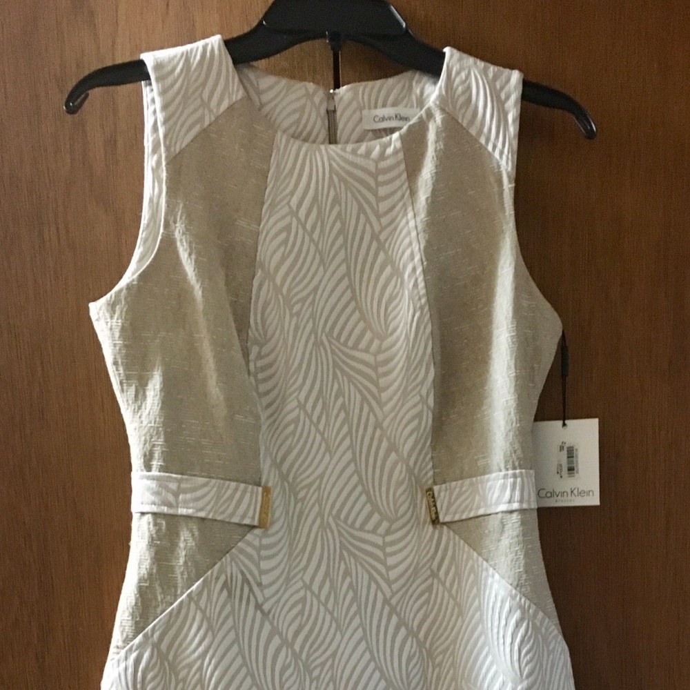 NWT! CALVIN KLEIN White & Tan Print Dress - Size 4