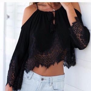 Lace Chiffon Cold shoulder crop top