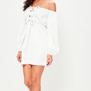 white satin lace up detail bardot swing dress