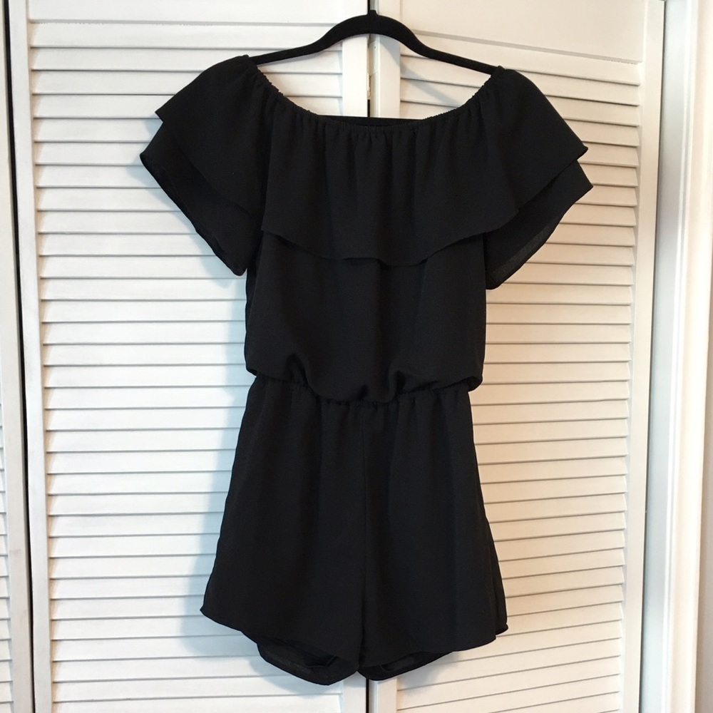 Poppy and Dot black ruffle off-the-shoulder romper
