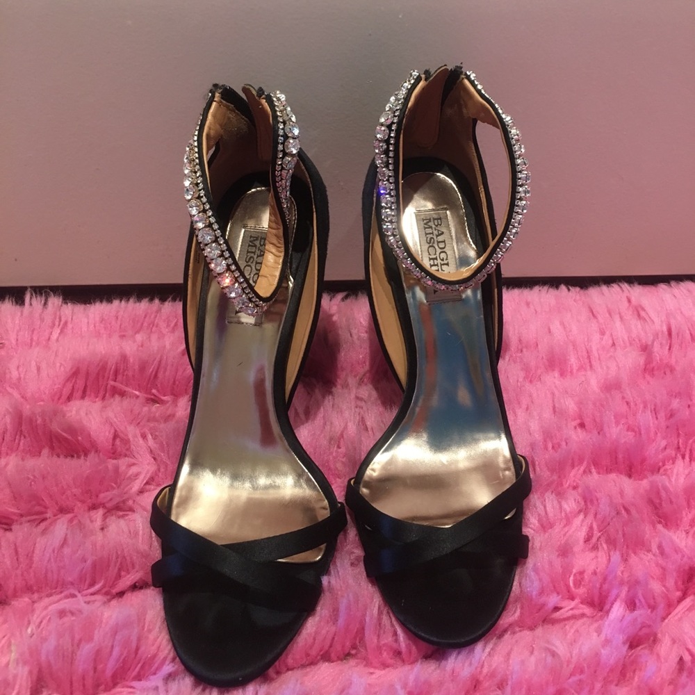 Mischka Open Toe Black Satin Heels