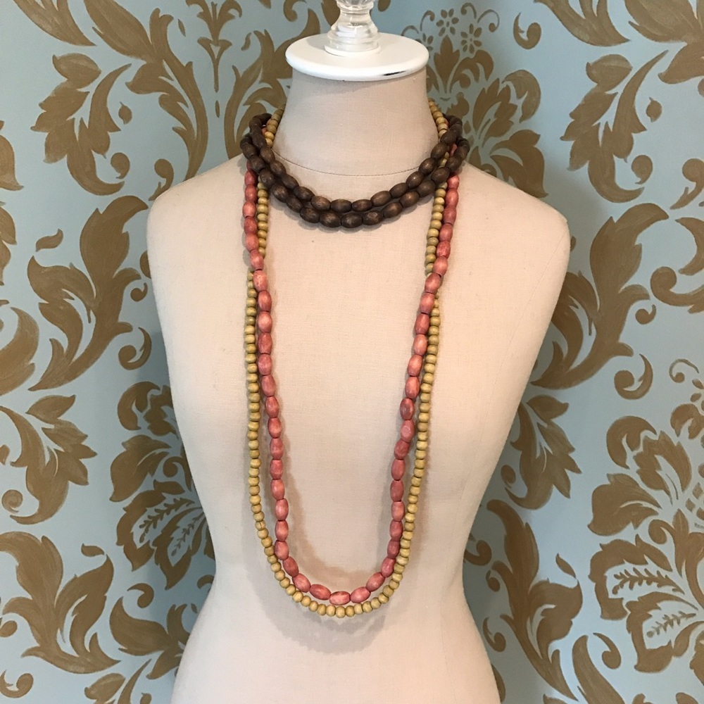 SET OF 3 Wooden Beaded Long 18" Necklaces
