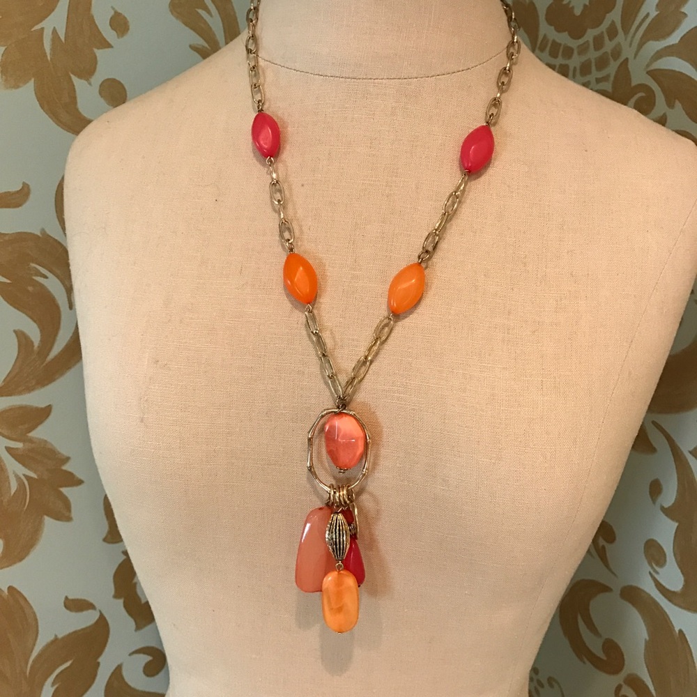 Pink & Orange Beaded Pendant Necklace