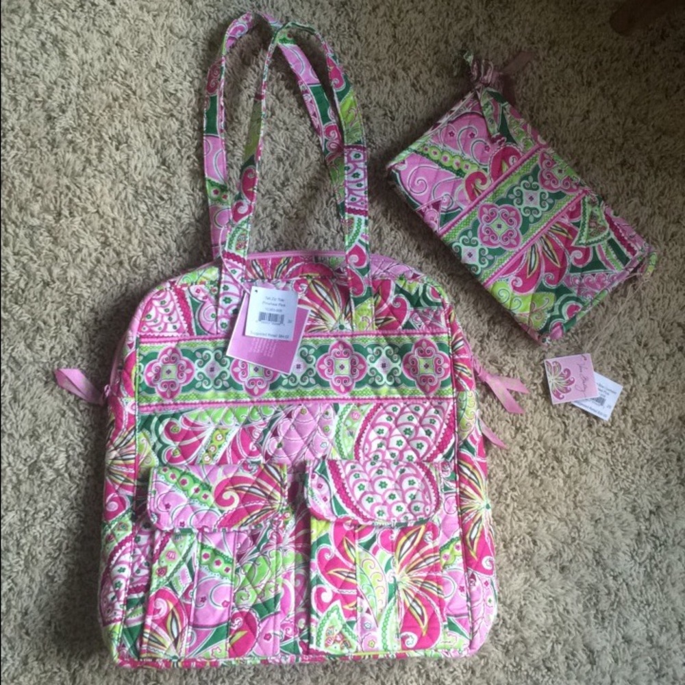 New Pinwheel Pink Tall Zip Tote +Cosmetic Bag
