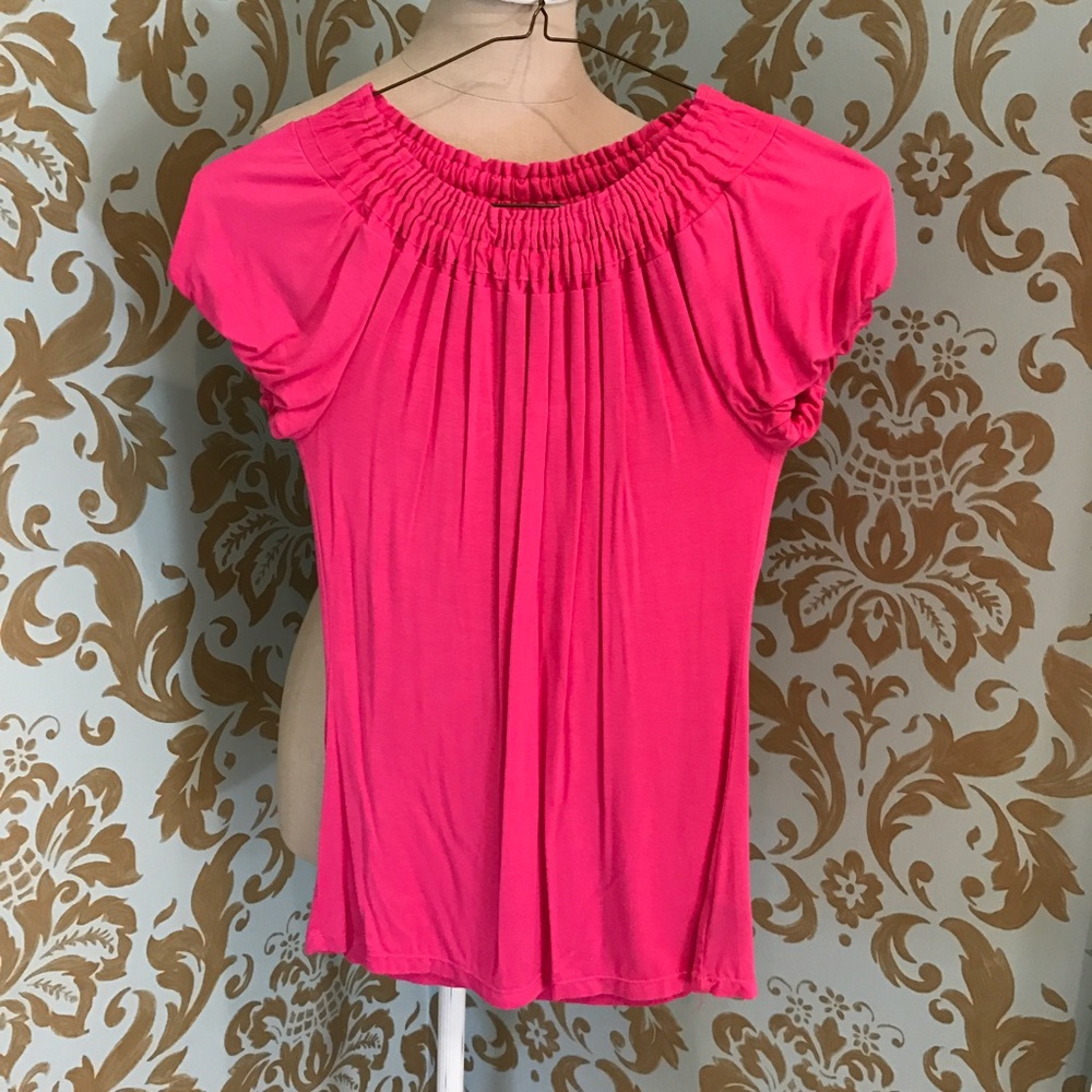 INC Hot Pink Elastic Neck Top with Bubble Sleeves
