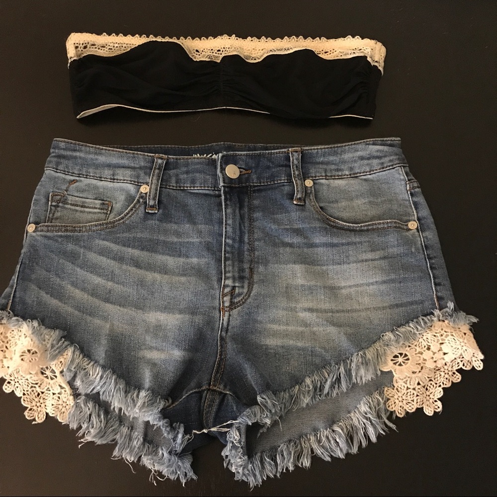 Lace Trimmed Frayed Denim Shorts