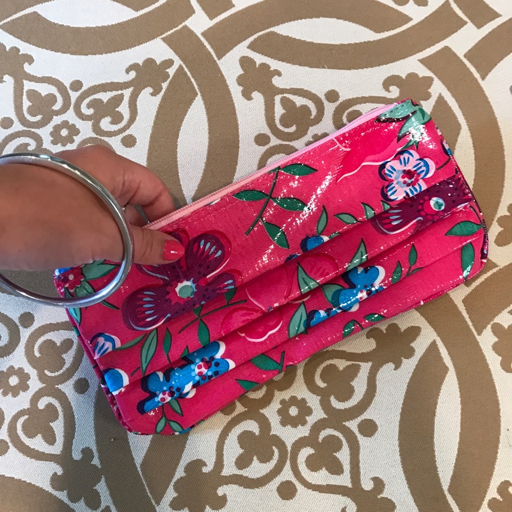 Oil-Cloth Pink Floral Wristlet with Circle Bangle