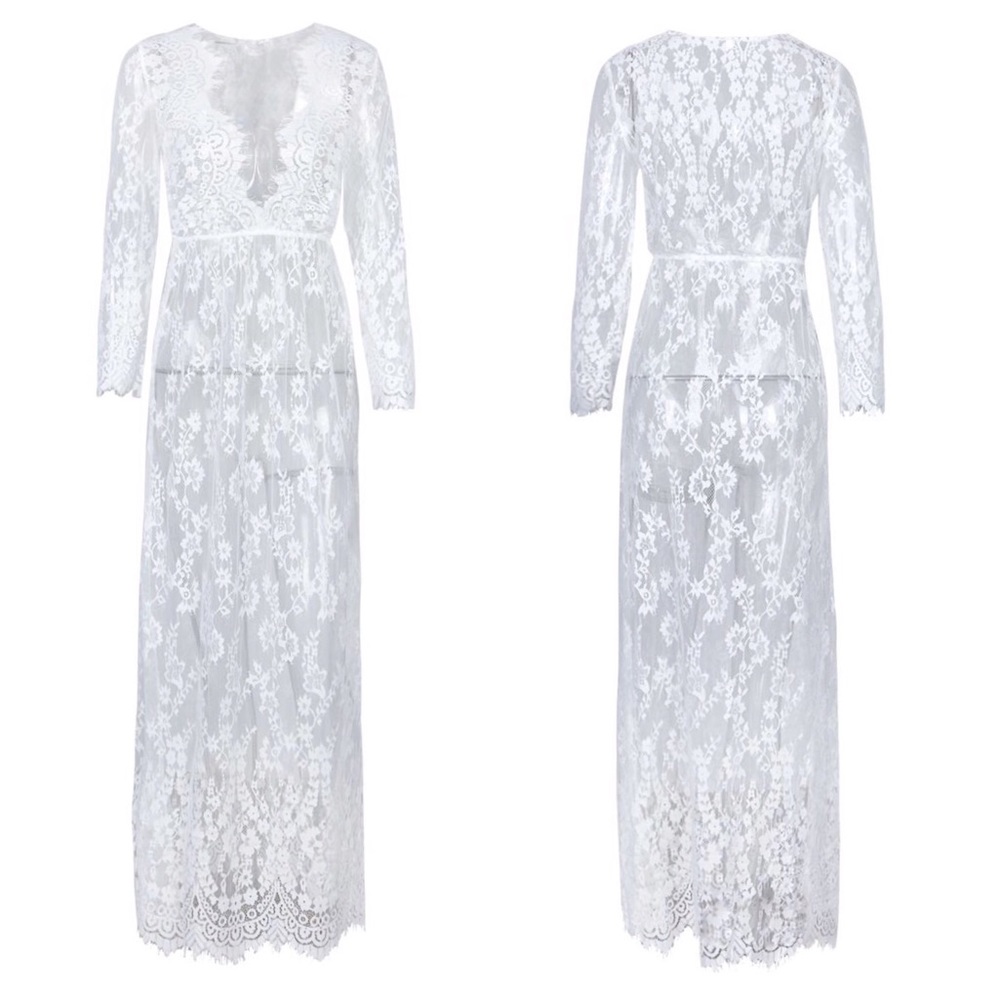 White Lace Floor Length Long Sleeve Gown - Picture 7 of 8