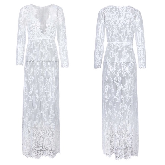 White Lace Floor Length Long Sleeve Gown - Picture 7 of 8