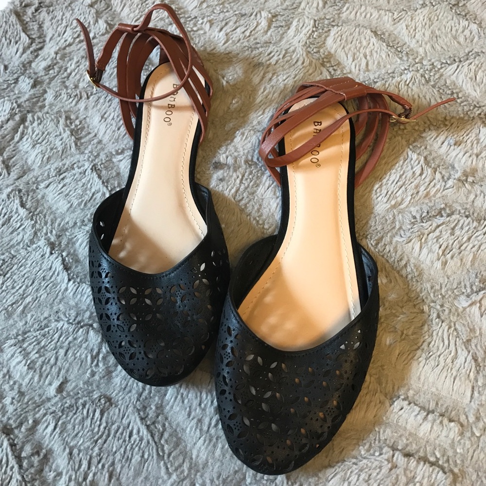 Black and Tan flats with ankle strap