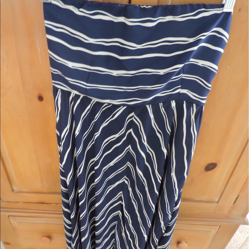 Navy and white stripe, strapless maxi dress!