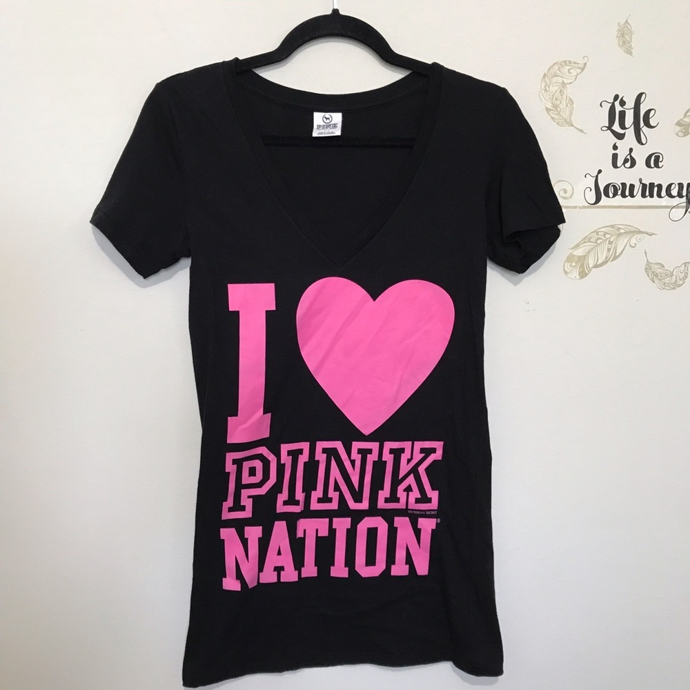 VS Pink I Heart Pink Nation V Neck T shirt