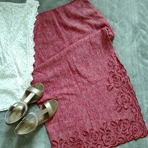 Red Linen Scalloped Edge Cut-out Skirt