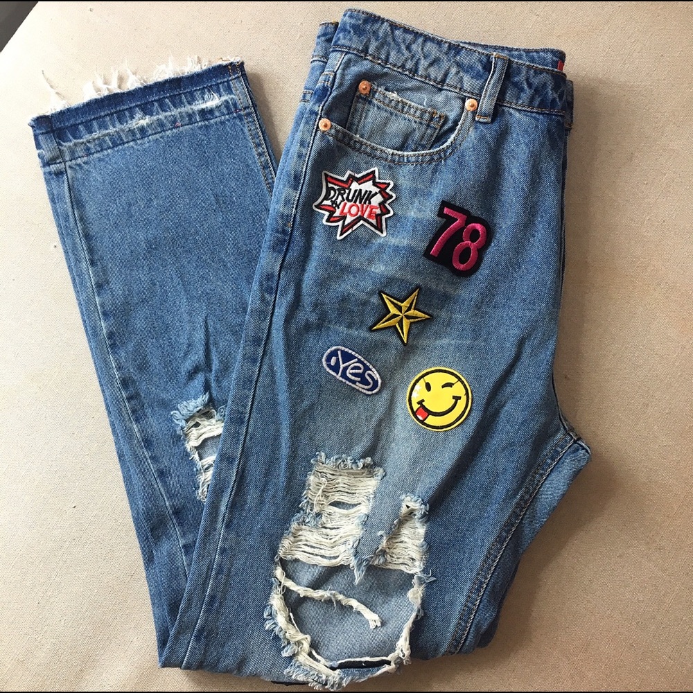 💥Hight Waisted Patched Jeans 💥 Size M/L - Picture 1 of 7