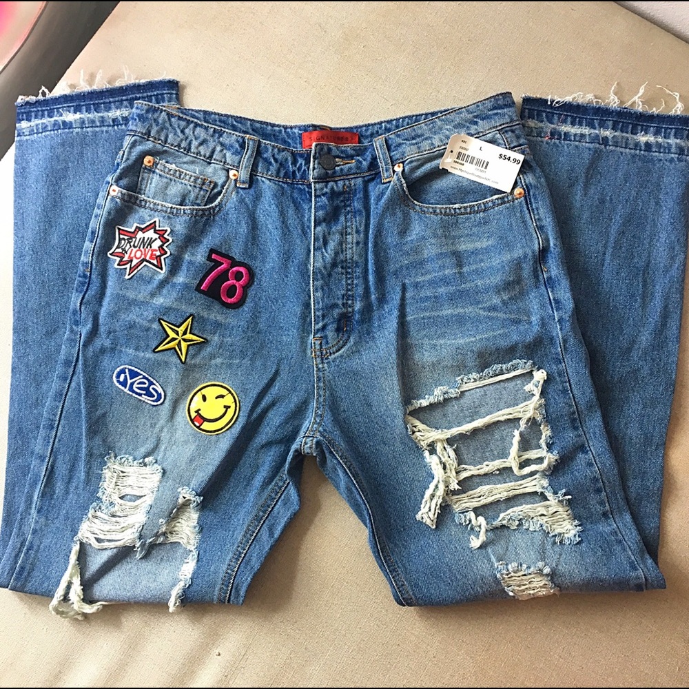 💥Hight Waisted Patched Jeans 💥 Size M/L - Picture 2 of 7