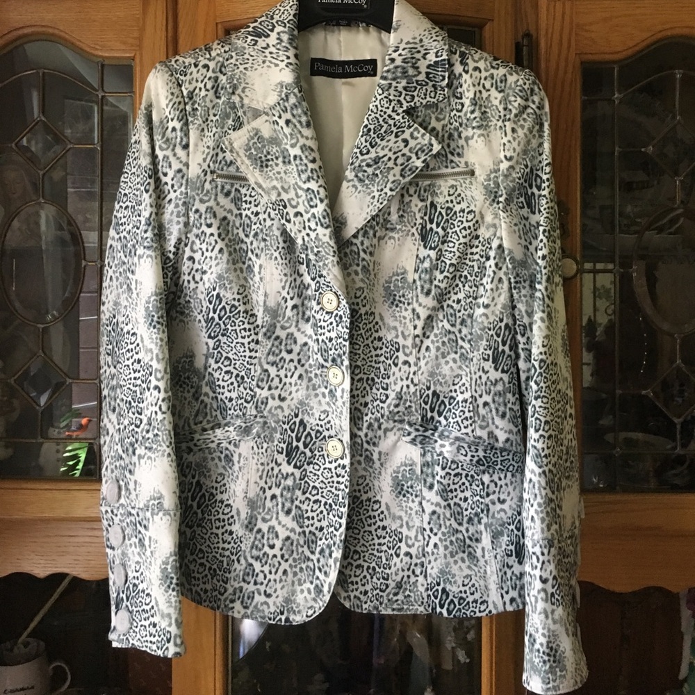 Pamela McCoy Silky Leopard Black White Blazer XS