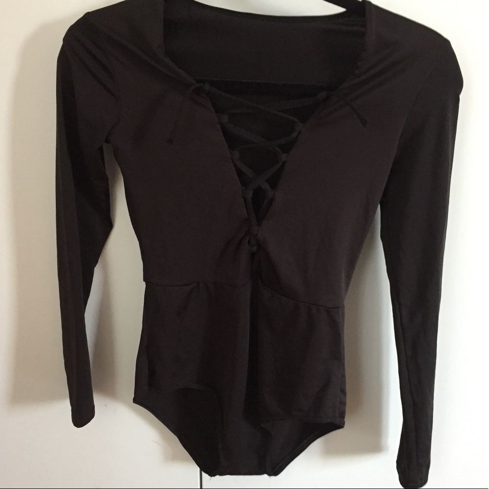 Black Long Sleeve Lace Up Bodysuit