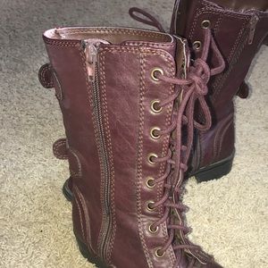 Maroon and gold combat boots