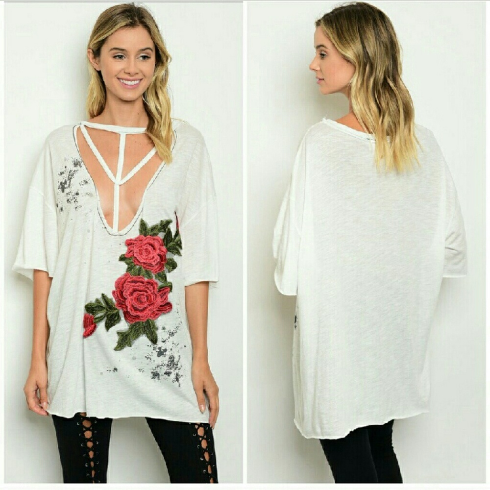 DISTRESSED EMBROIDERED ROSE TUNIC