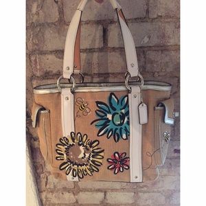 Authentic Coach Embroidered Rafia Tote
