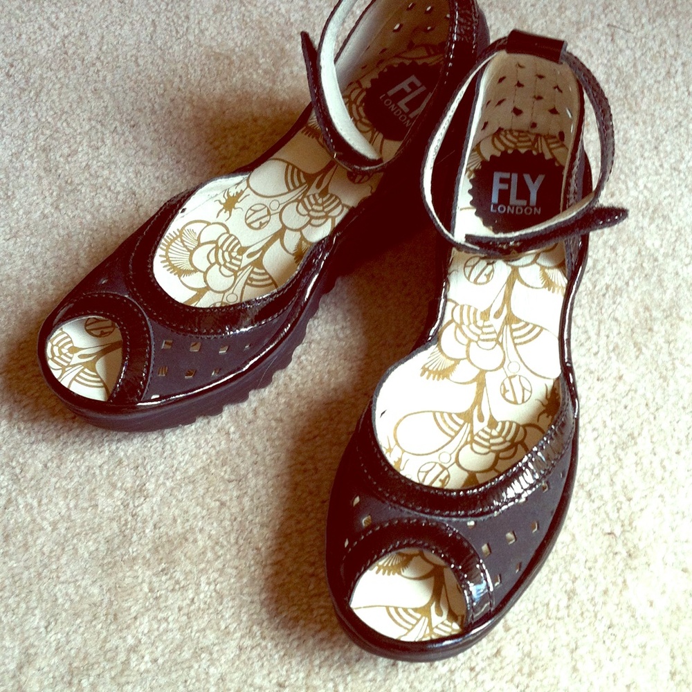 Black Ankle-strap Wedges with patent trim