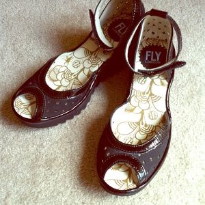 Black Ankle-strap Wedges with patent trim