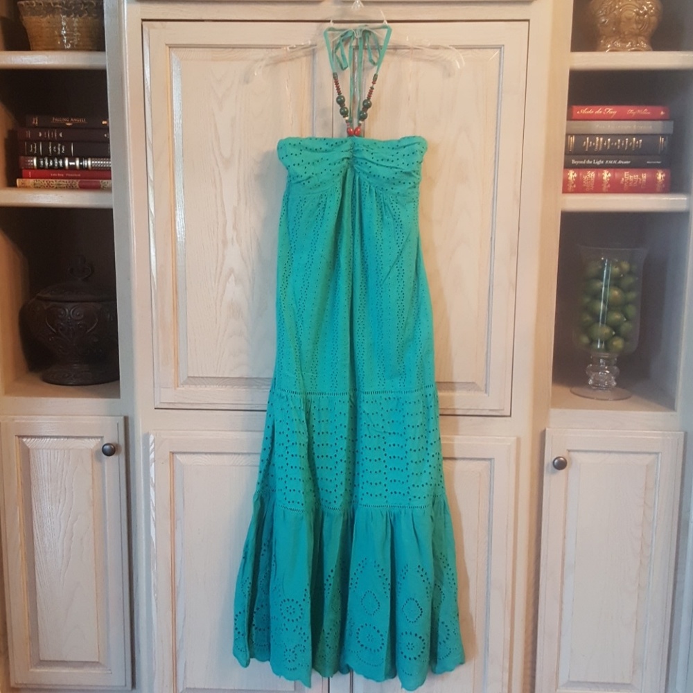 NWT Blue green Eyelet Maxi w/ Beaded Halter SMALL
