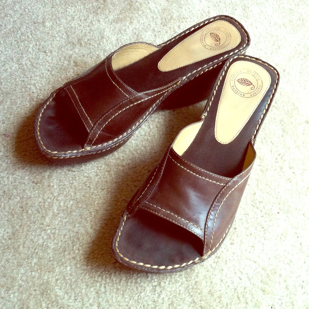 Brown leather slide wedge sandals Sz 6 1/2