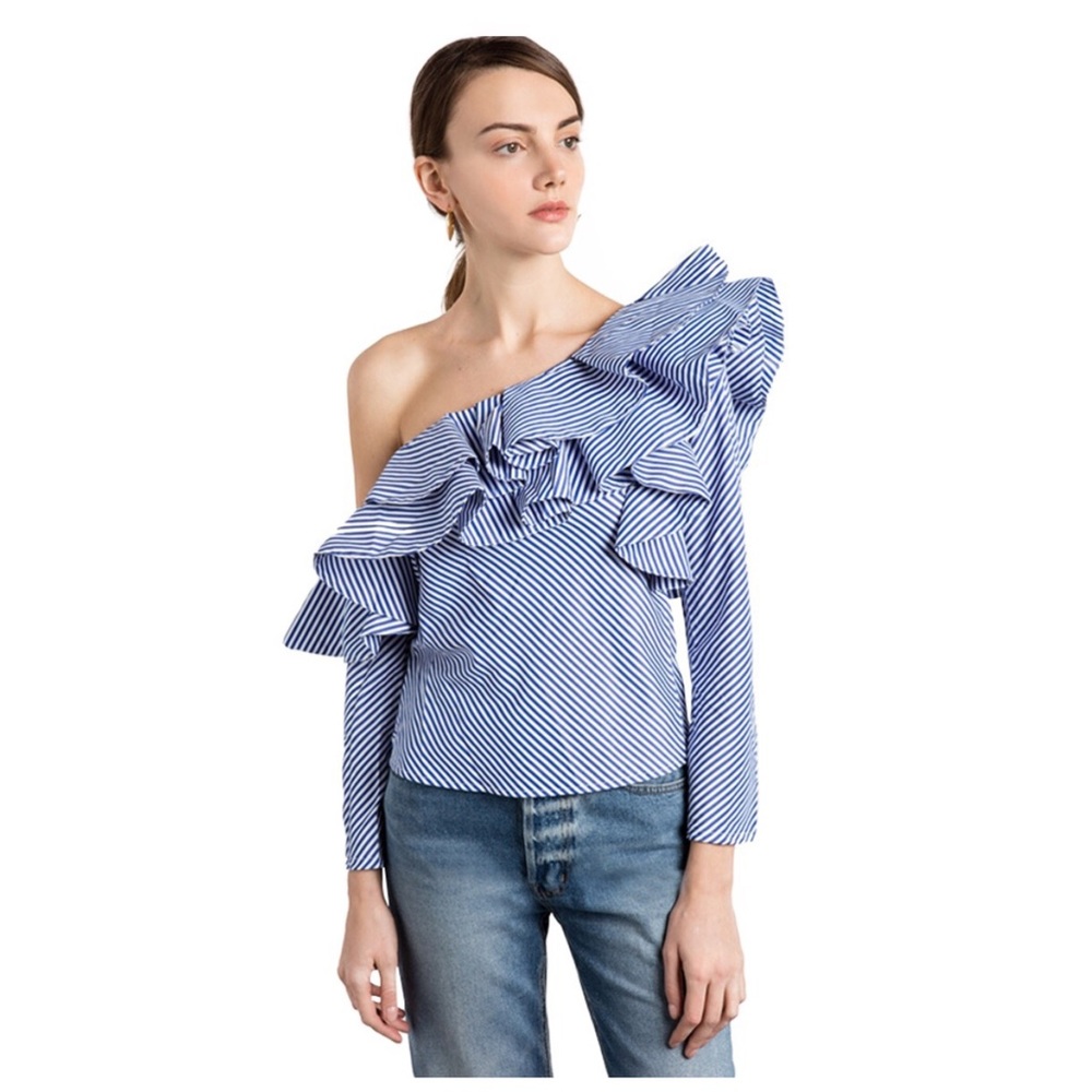 Get The Look Stripe Ruffle One Shoulder Top - Picture 2 of 5