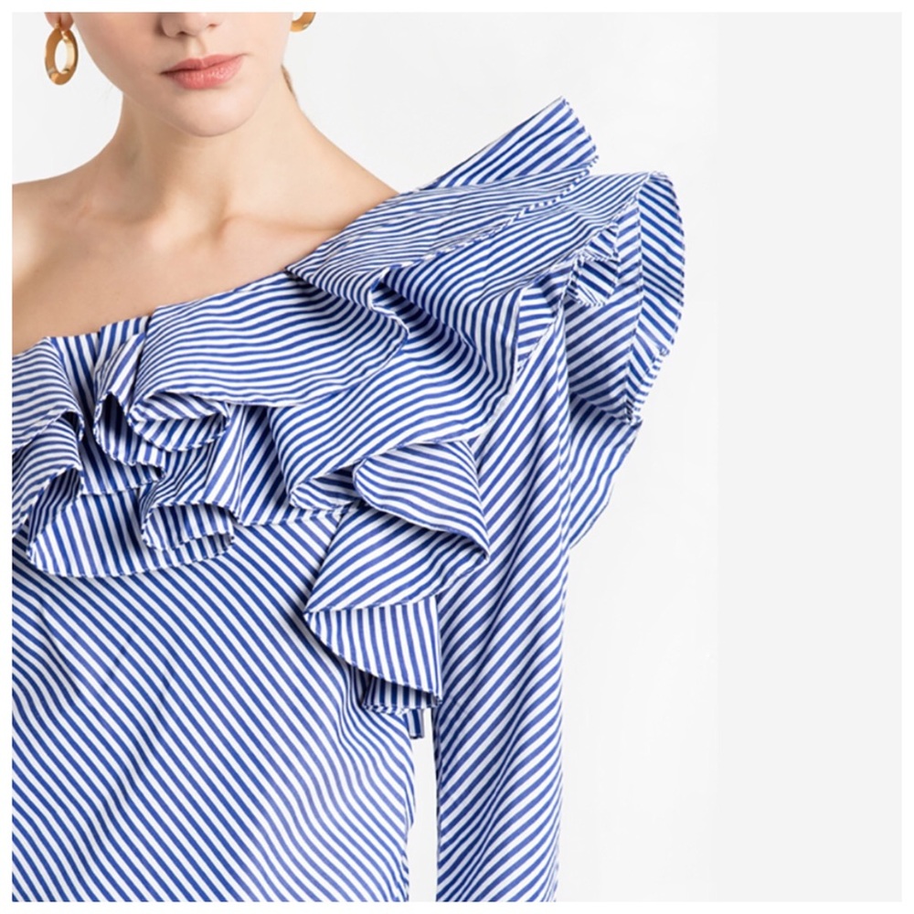 Get The Look Stripe Ruffle One Shoulder Top - Picture 3 of 5