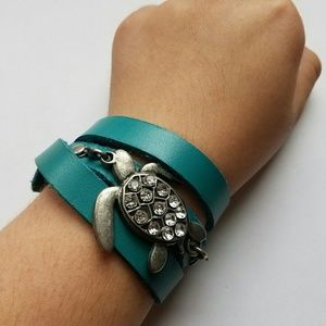 Teal Leather Turtle Charm Wrap Around Bracelet