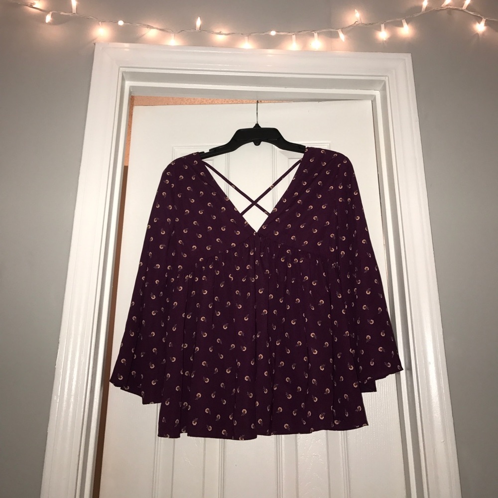 Burgundy Flowy Pink Owl Top with Criss Cross Back