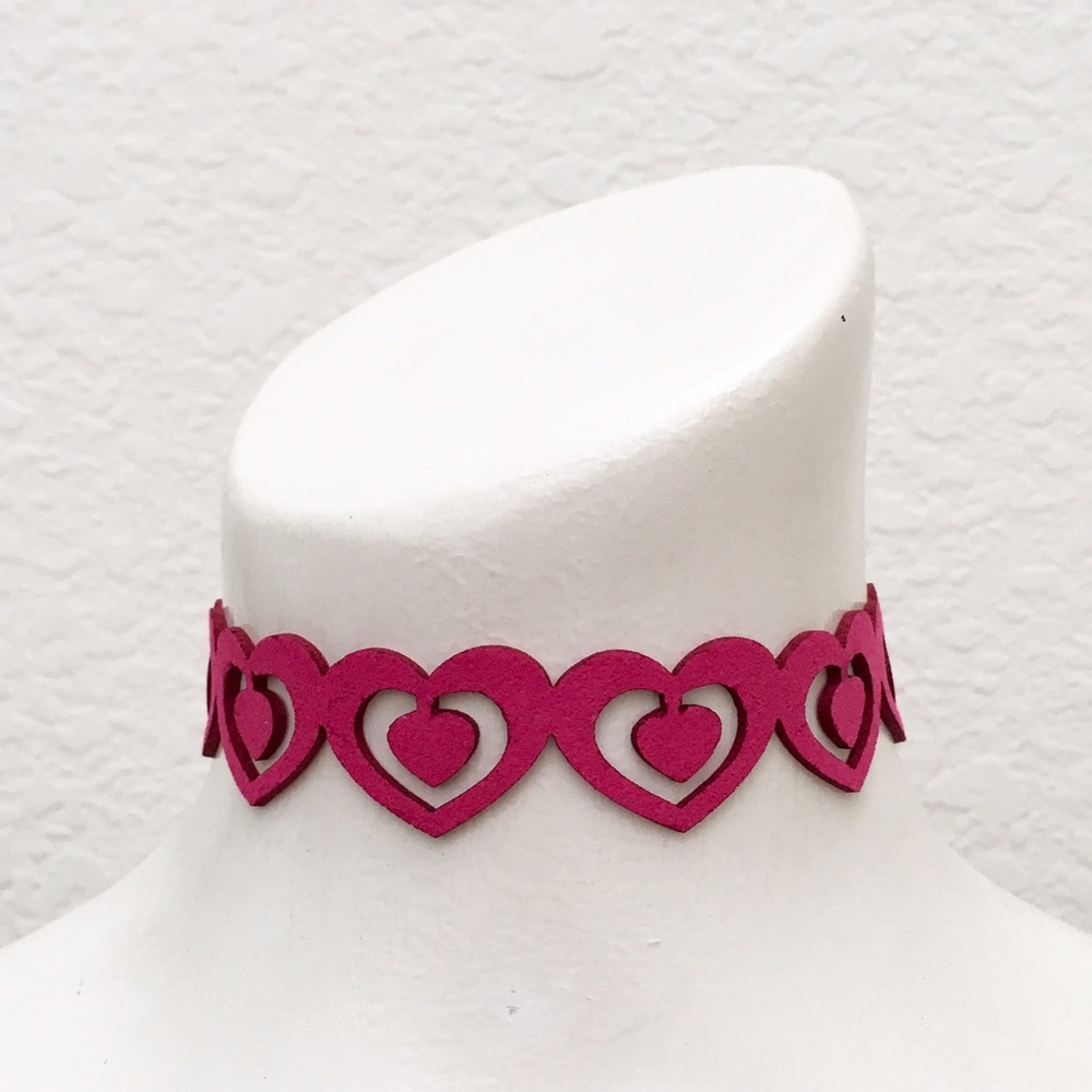 Laser Cut Heart Choker, Pinky Raspberry, On Trend - Picture 2 of 5