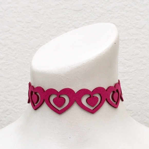 Laser Cut Heart Choker, Pinky Raspberry, On Trend - Picture 2 of 5