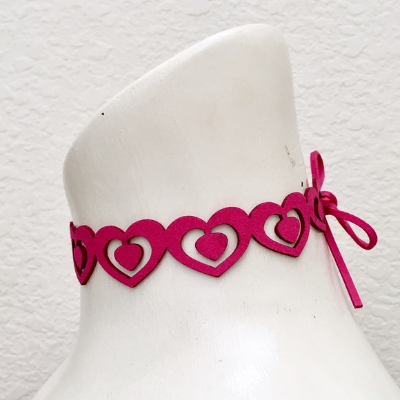 Laser Cut Heart Choker, Pinky Raspberry, On Trend - Picture 3 of 5