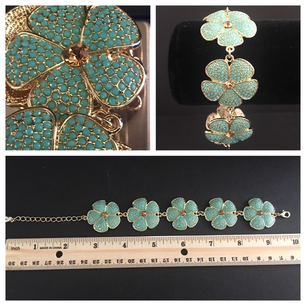 FLOWER PRETTY BRACELET. Gold tone and teal color.
