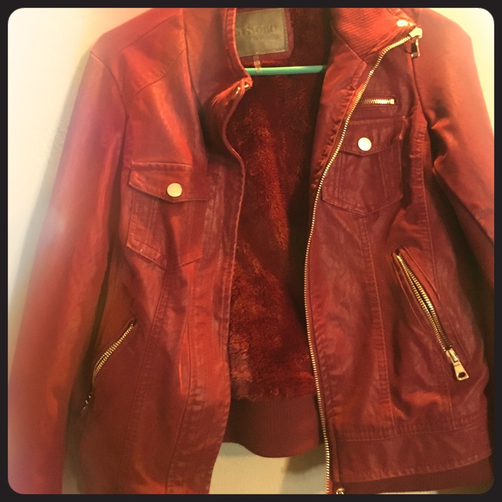 Red leather jacket with fur inside