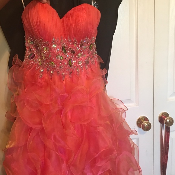 CORAL PROM DRESS short/long w/ RHINESTONES - Picture 2 of 8