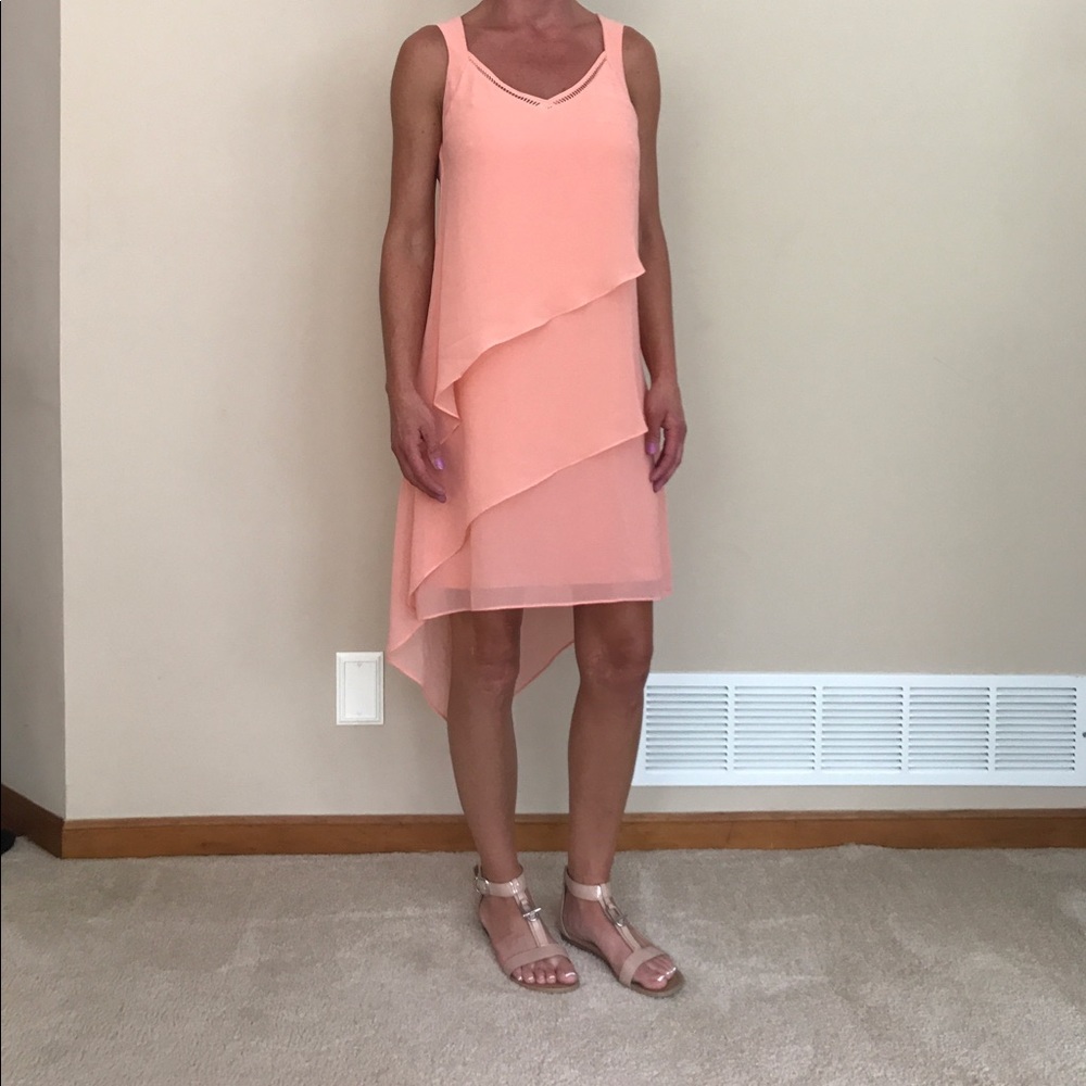 WHBM Coral Asymmetrical Tiered Sheer Dress