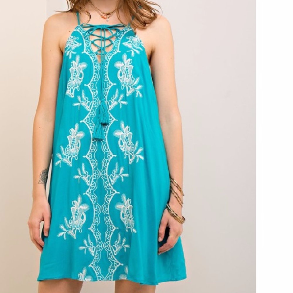 Halter Style Lace Up Embroidered Dress Jade  M L